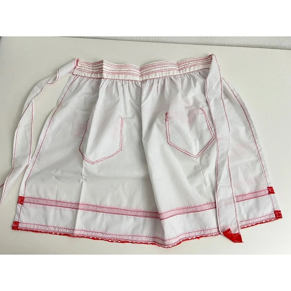 Vintage White Half Apron Red Lace Trim Rickrack Two Pockets‎ Retro Kitchenette